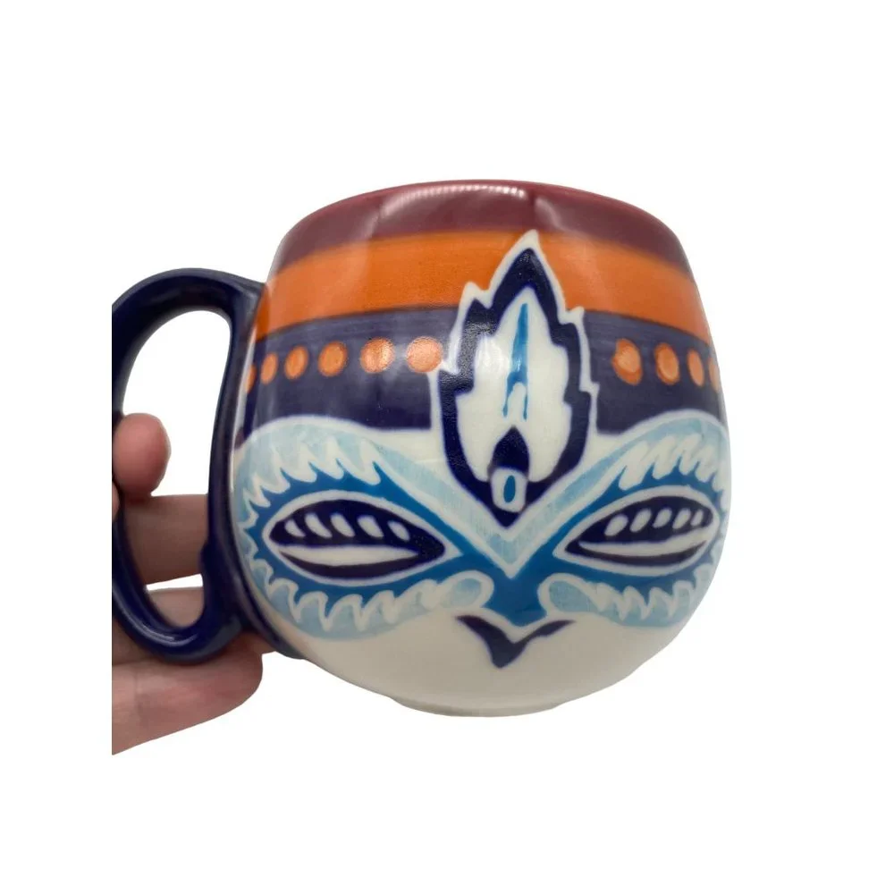 Anthropologie boho feather‎ owl coffee mug cup 10oz ceramic potbelly
